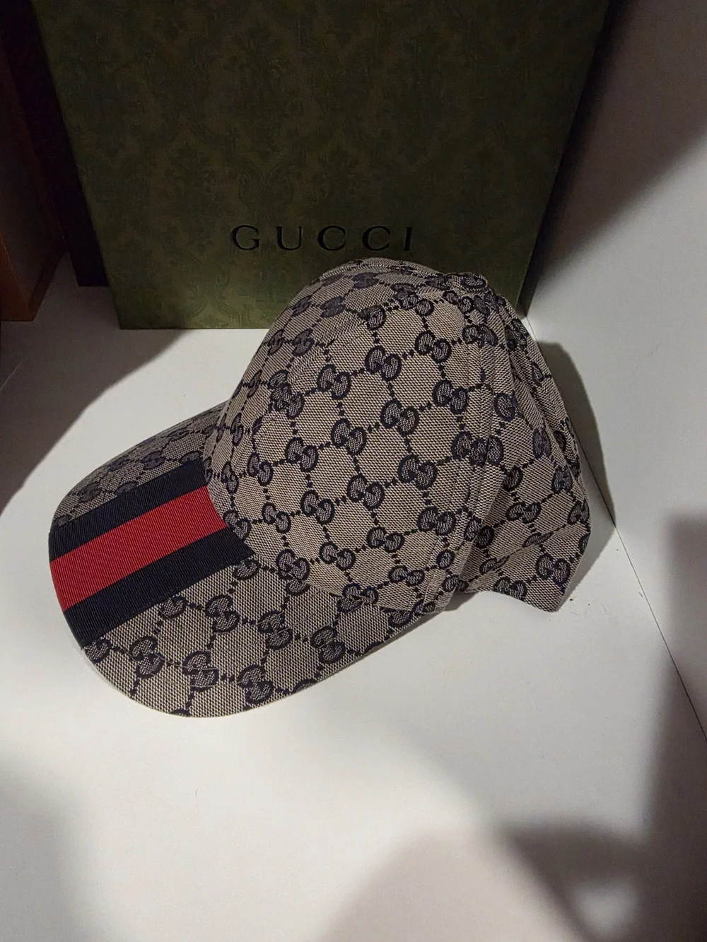 Gucci Beige GG Supreme Cap with Red and Black Stripe